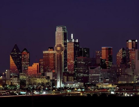 Dusk view of the Dallas, Texas skyline.