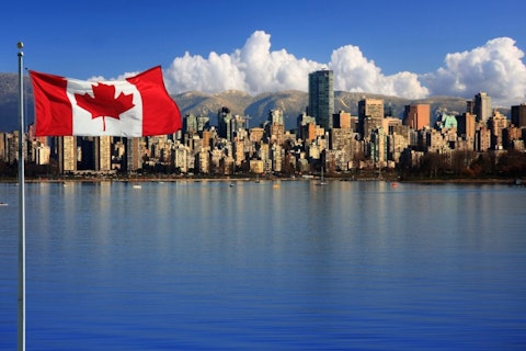 Canadian flag, port, water, buildings, city
