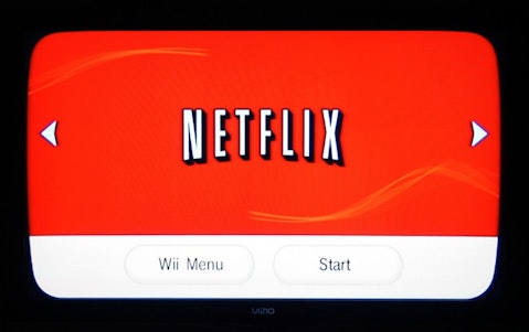 Netflix, Inc. (NASDAQ:NFLX), Netflix menu on the Wii channel, Sign, logo, Brand, Program, Start, Streaming, Surfing,
