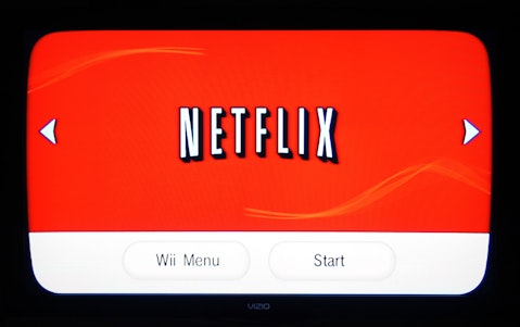 Netflix, Inc. (NASDAQ:NFLX), Netflix menu on the Wii channel, Sign, logo, Brand, Program, Start, Streaming, Surfing,