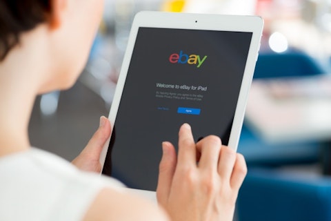 eBay Inc (NASDAQ:EBAY), eBay, homepage, welcome message, iPad, Apple, Sign, Symbol, Logo, Website