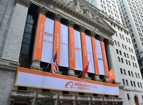 Alibaba Group Holding Ltd (NYSE:BABA), sign on a building, logo, share, stock, New York, offering