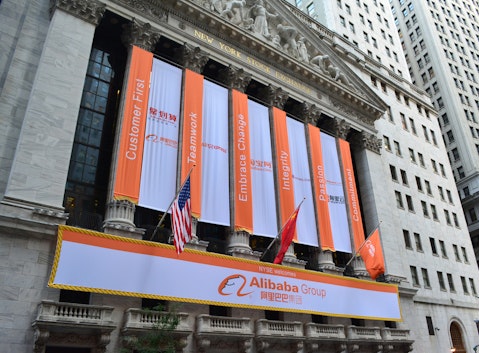 Alibaba Group Holding Ltd (NYSE:BABA), sign on a building, logo, share, stock, New York, offering