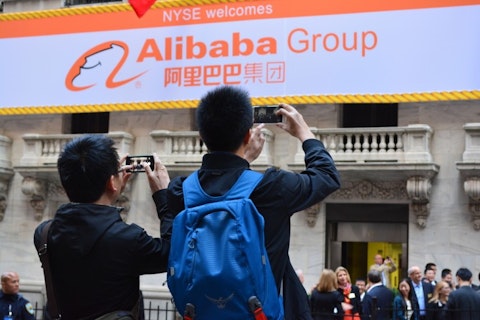 Alibaba Group Holding Ltd (NYSE:BABA), Logo, big sign, People taking photos, offering, ipo, group, stock