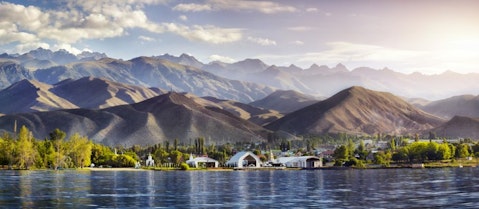 kyrgyzstan, kul, issyk, panorama, ordo, view, ruh, lake, complex, outdoor, tree, shore, park, green, travel, mountains, scenery,