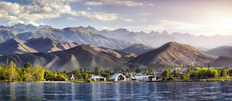 kyrgyzstan, kul, issyk, panorama, ordo, view, ruh, lake, complex, outdoor, tree, shore, park, green, travel, mountains, scenery,