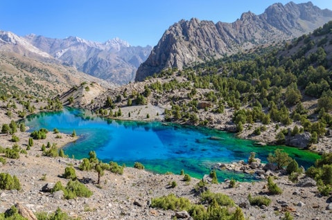 tajikistan, outdoor, fany, tree, clear, green, travel, calm, view, rocky, mountains, sunny, scenery, lake, moraine, spectacular, sunshine, forest, beautiful, nature, landscape