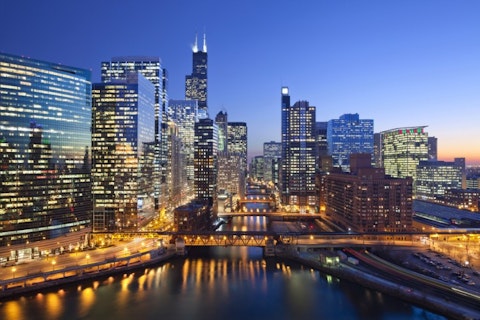 chicago, river, sky, sunset, street, blue, office building, illuminated, 2013, horizontal, contemporary, skyline, color image, railroad line, financial district, twilight, reflection, Top 11 US Cities With Most Skyscrapers in 2015 