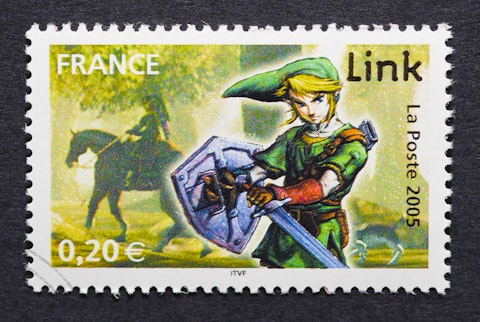 zelda, legend, link, 2005, shigeru miyamoto, fun, stamp, video, stain, console, video game, gaming, used, computer, youth, french, toy, electronic, canceled, game, cartoon, postmark, france, legend of zelda, postage, philately, young, mail, joy, play
