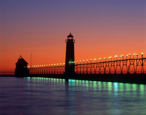 michigan, lake, sunset, historical, lake michigan, lighthouse, sunrise, grand haven lighthouse, light, port, old, great lakes region, dusk, building
