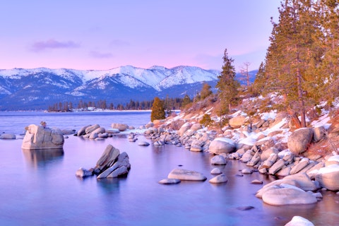 lake, winter, california, nevada, tree, goeology, boulder, sunset, lake tahoe, water, snow, nature, landscape