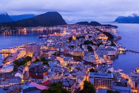 alesund, island, scandinavia, sunset, urban, norway, evening, buildings, street, embankment, coast, town, houses, river, travel, illuminated, mountains, landmark, night,
