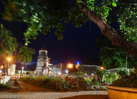 tree, tower, street, brick, town, stone, tropical, green, philippines, province, night, light, twilight, traditional, asia, historic, heritage, garden, architecture, sunset, lush,