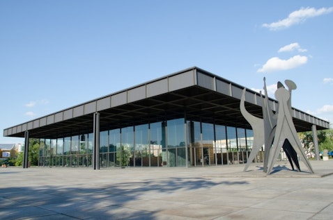 glass, tree, cement, sculpture, national, landmark, contemporary, germany, mies van der rohe, modern, grey, berlin, neue, architecture, blue, sky, art, gallery, museum, nationalgalerie, metal 11 Most Famous Architects In The World