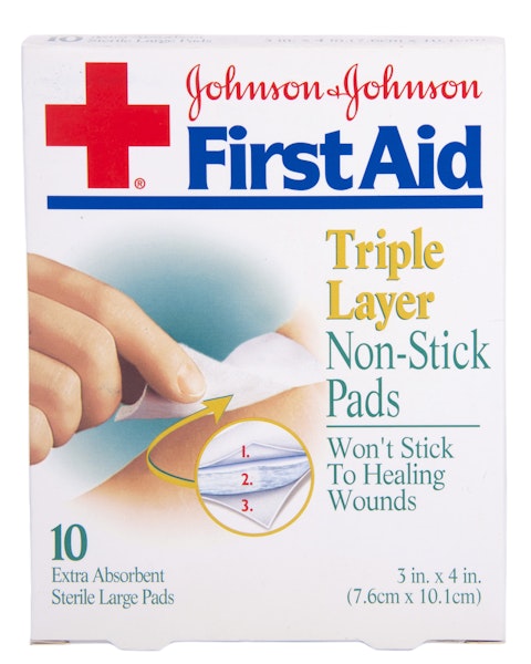 health, on, aid, johnson, pads, layer, non-stick, editorial, box, reflection, cover, image, healthcare, isolated, white, illustrative, triple, wounds, label, object, care, sterile, first