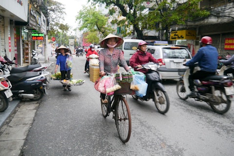 bicycle, busy street, cars, fast, hanoi, hat, motorbike, street vendor, vietnam, vietnamese