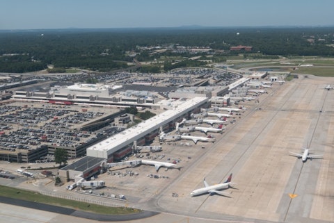 shutterstock_314376227 Aerial view of Hartsfield-Jackson Atlanta International Airport. The Atlanta airport serves 89 million passengers a year, it is the world's busiest airport. airplane, aircraft, flying