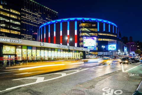 shutterstock_566171293 Madison Square Garden, New York, USA Illuminated stadium with car riding around city, cityscape, architecture, .
