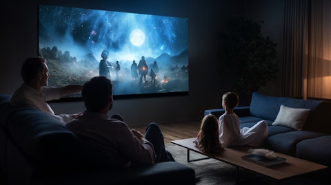 A home theater with family members enjoying streaming content together.