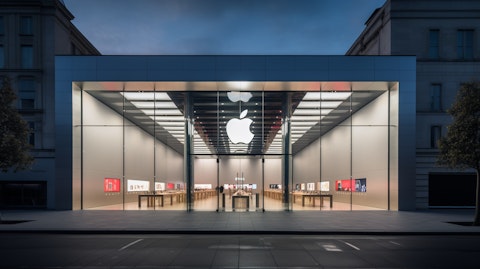 A wide view of an Apple store, showing the range of products the company offers.