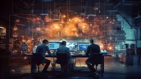 A team of engineers and scientists collaborating at a workstation surrounded by their applications and solutions.