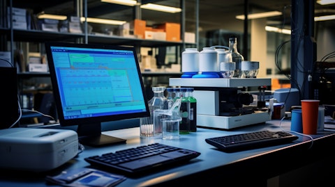 A workstation in a research lab stocked with laboratory products and services.