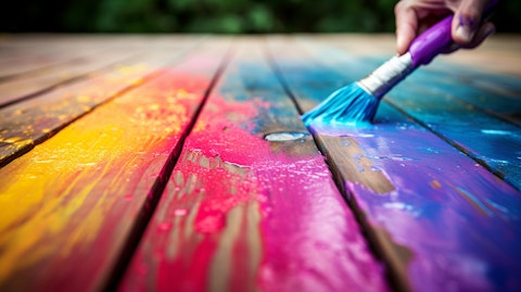 A close-up of a vibrant paint color being sprayed onto a wooden surface.