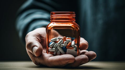 A close-up of a person's hand holding a bottle of pharmaceuticals.