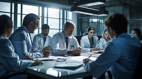 A room full of medical personnel collaborating on a treatment plan for a patient.