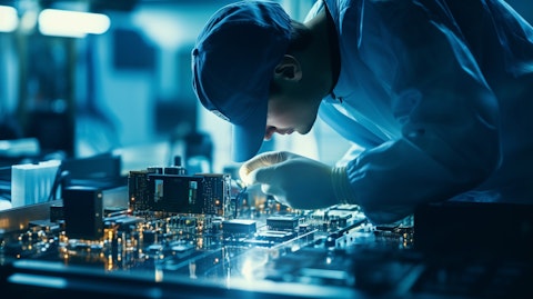 A technician working at a magnified microscope, developing a new integrated circuit.