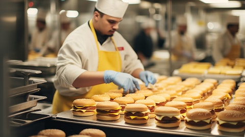 A cook in a busy kitchen assembling cheeseburgers for orders.