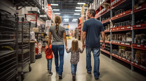A family excitedly browsing through the aisles of a home improvement retail store.