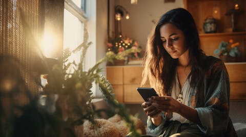 A young, stylish woman using her smartphone to find inspiration for her latest DIY project.