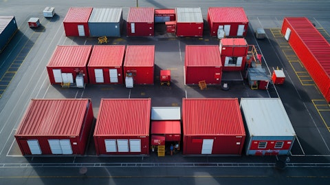 Aerial shot of a modular space surrounded by poratable storage units.