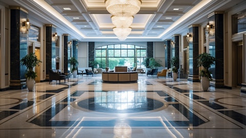 Empty lobby of a high-end hotel showcasing the modern, luxurious interior of the hotel chain.