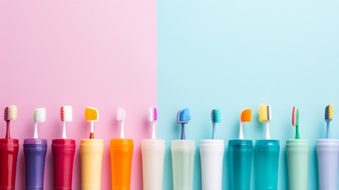 An array of toothpaste, toothbrushes, and mouthwashes on a bright background, highlighting the company's oral care products.