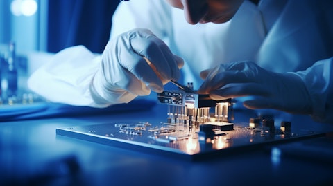 A close-up of a tech engineer soldering a modern system-on-chip circuit board in a laboratory setting.