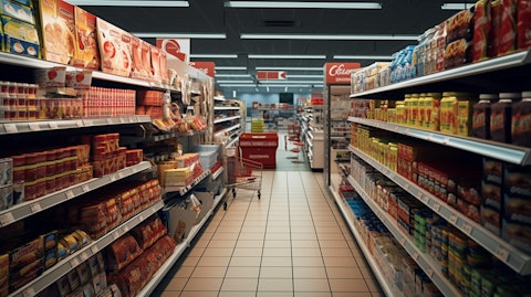 A busy shopping aisle filled with discounted items in a retail store.