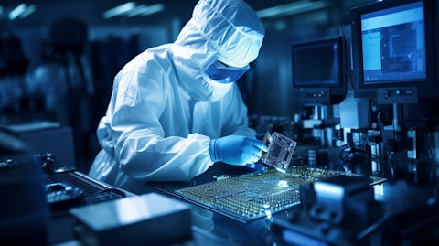 A semiconductor engineer in a state-of-the-art laboratory, analyzing advanced semiconductor products.