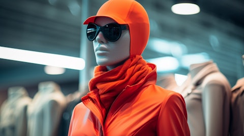 A close-up of a mannequin outfitted with the company's latest collection of apparel.