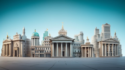 A panoramic view of a financial institution, representing the number of corporations who trust the company's services.