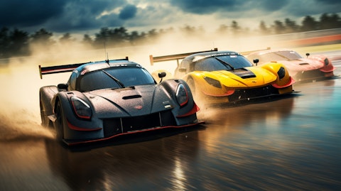 Three racing cars competing side by side at a motorsports event, demonstrating the power and precision of the company's racing technology.