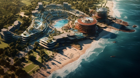 Aerial shot of an entertainment resort, its buildings and gaming amenities sprawling along the seafront.