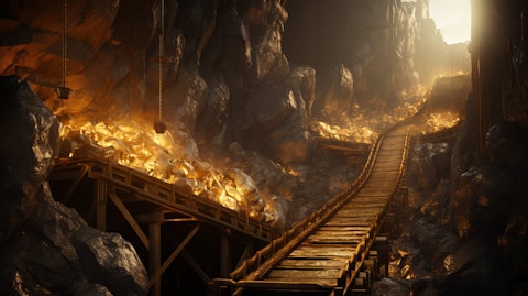 A gold mine entry with a conveyor belt transporting minerals from the depths of a shaft.