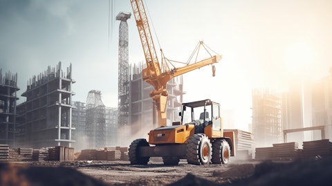 A large construction project with cranes and forklifts in action, demonstrating the company's building materials business.