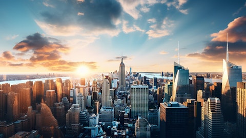 A top-view of a large city skyline, exemplifying the power and the protection of a reinsurance company.