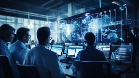 A team of IT experts monitoring a network of computers managing the medical content and communications.