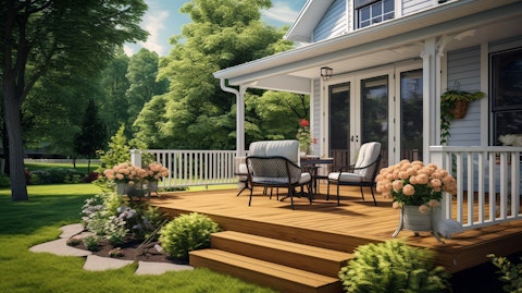 A home exterior with a deck and railing crafted with products from the company.