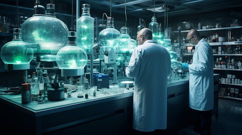 A research team in a laboratory, researching potential treatments for dementia-related psychosis.