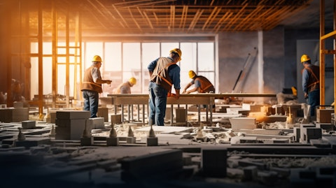 A specialized team of experts installing building materials in a pre-construction plan.